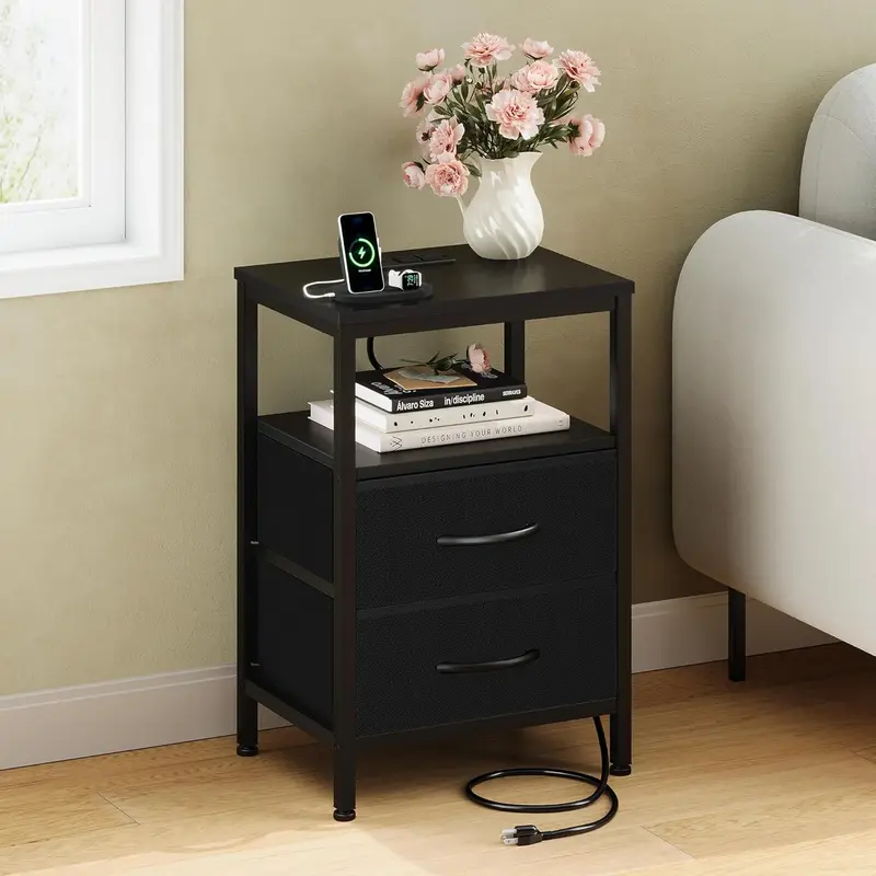 Sweetcrispy Contemporary Bedroom Nightstand - Charging Station with USB + 2 AC Outlets, Adjustable Breathable Fabric Drawer, Open Shelf, Contemporary End Table, Black Bedside Table Cabinet, Indoor Furniture
