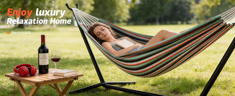 Outdoor Double Hammock with stand ,Include Space-Saving Steel Frame, 600- pound Load Capacity, Patio Swing with stand , Carry Bag , Suitable For Seaside, Courtyard, Garden, Terrace , Indoor