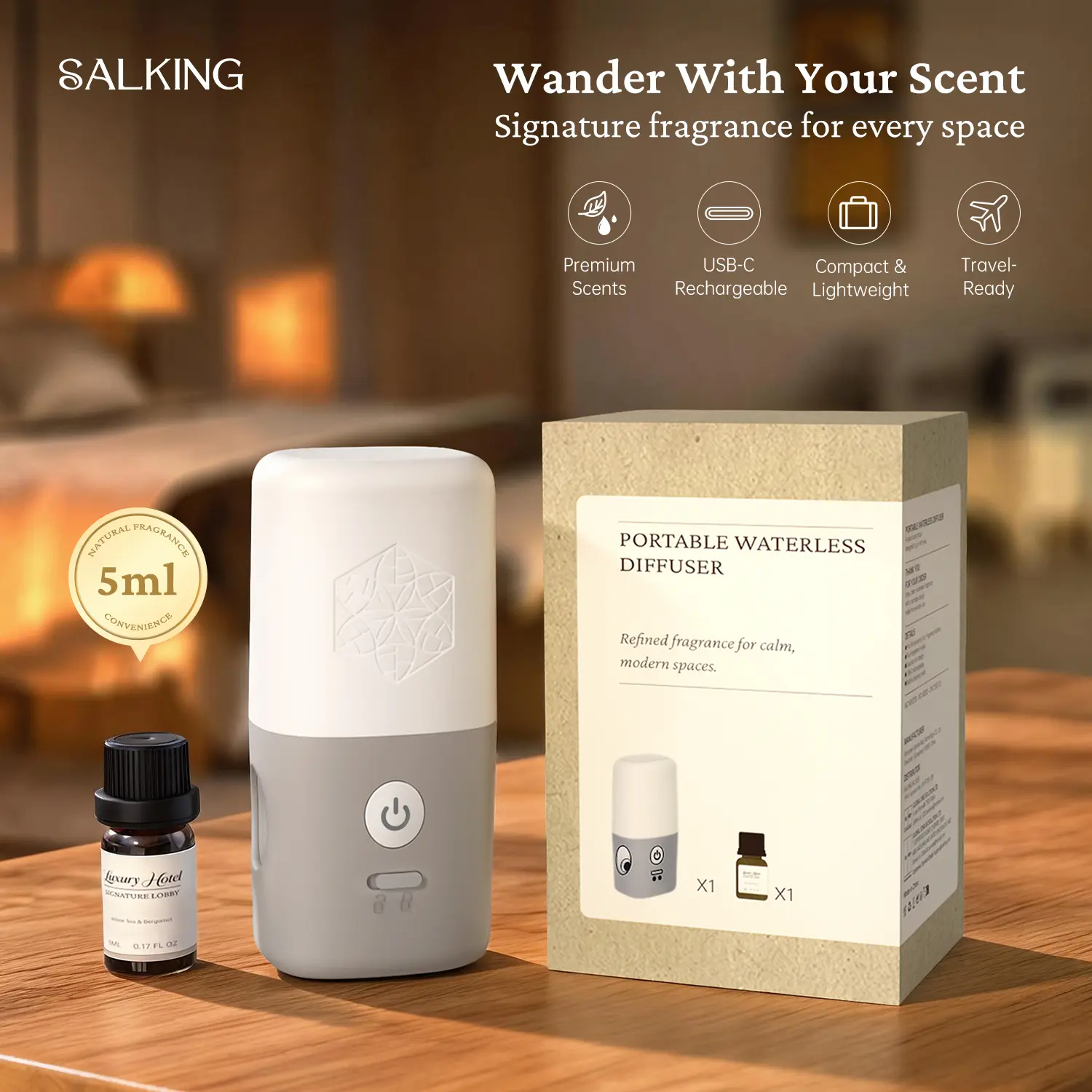 SALKING Portable Rechargeable Waterless Scented Fragrance Aroma Humidifier, Luxury Hotel Signature Lobby White Tea Scent, Cordless Space-Saving Mini Travel Essential for Small Apartment, Bedroom