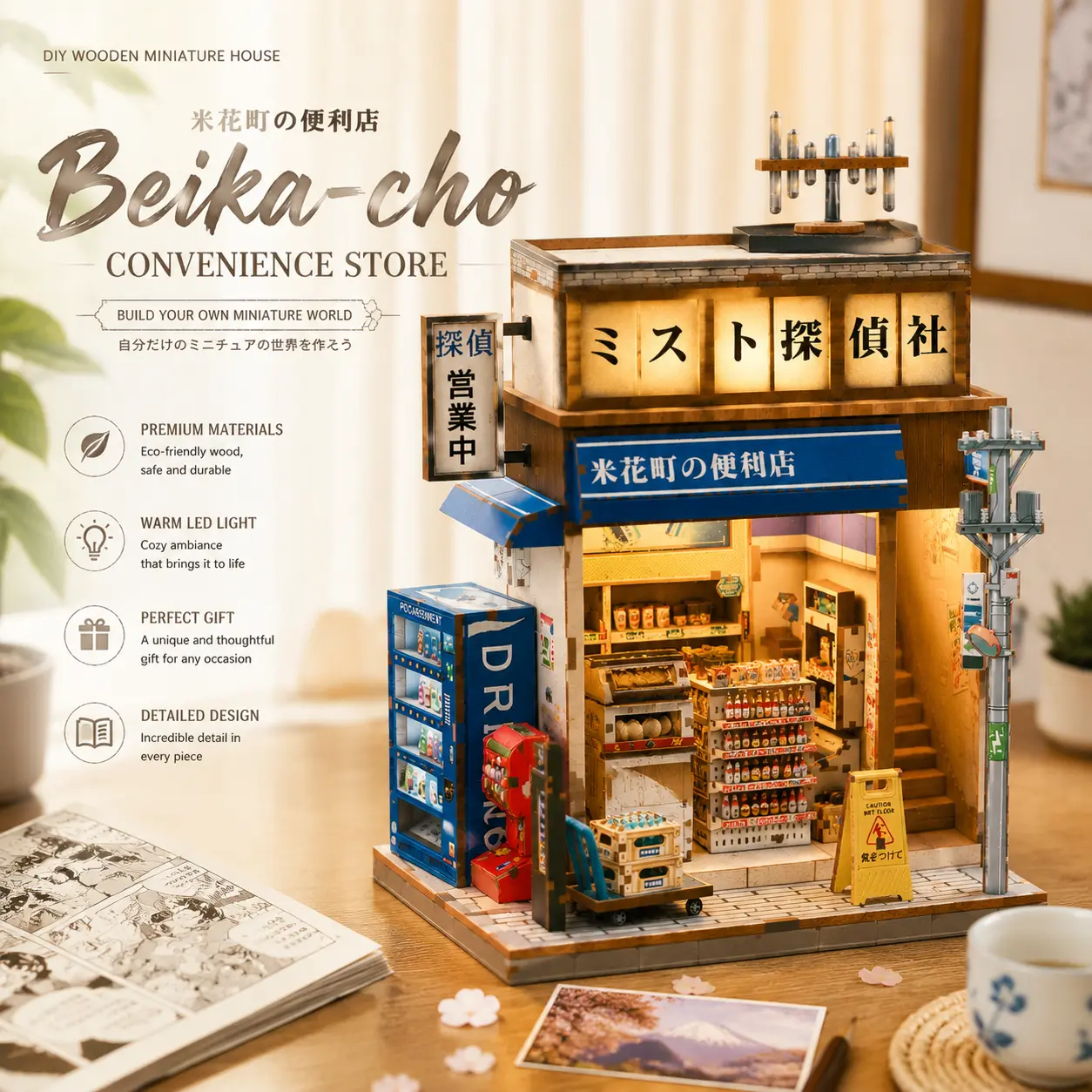 Beika-cho Convenience Store Book Nook, DIY Miniature House Kit, 3D Wooden Puzzle for Adults, Creative Home Decor & Gift