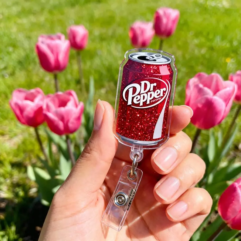 Dr Pepper Soda Can Badge Reel, Glitter Acrylic ID Holder, Cute Work Accessory
