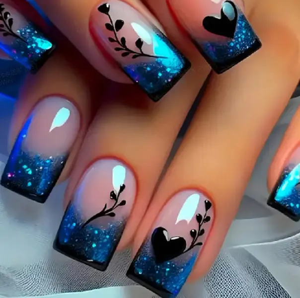 CurvLife Blue Mirage Press-On Nails – 30PCS Long Square Ombre Blue Glitter Press-On Nails with Black Heart and Leaf Accent Design, Shiny Night Party Style, Easy to Apply & Reusable, Perfect for Holiday, Date Night & Glam Look