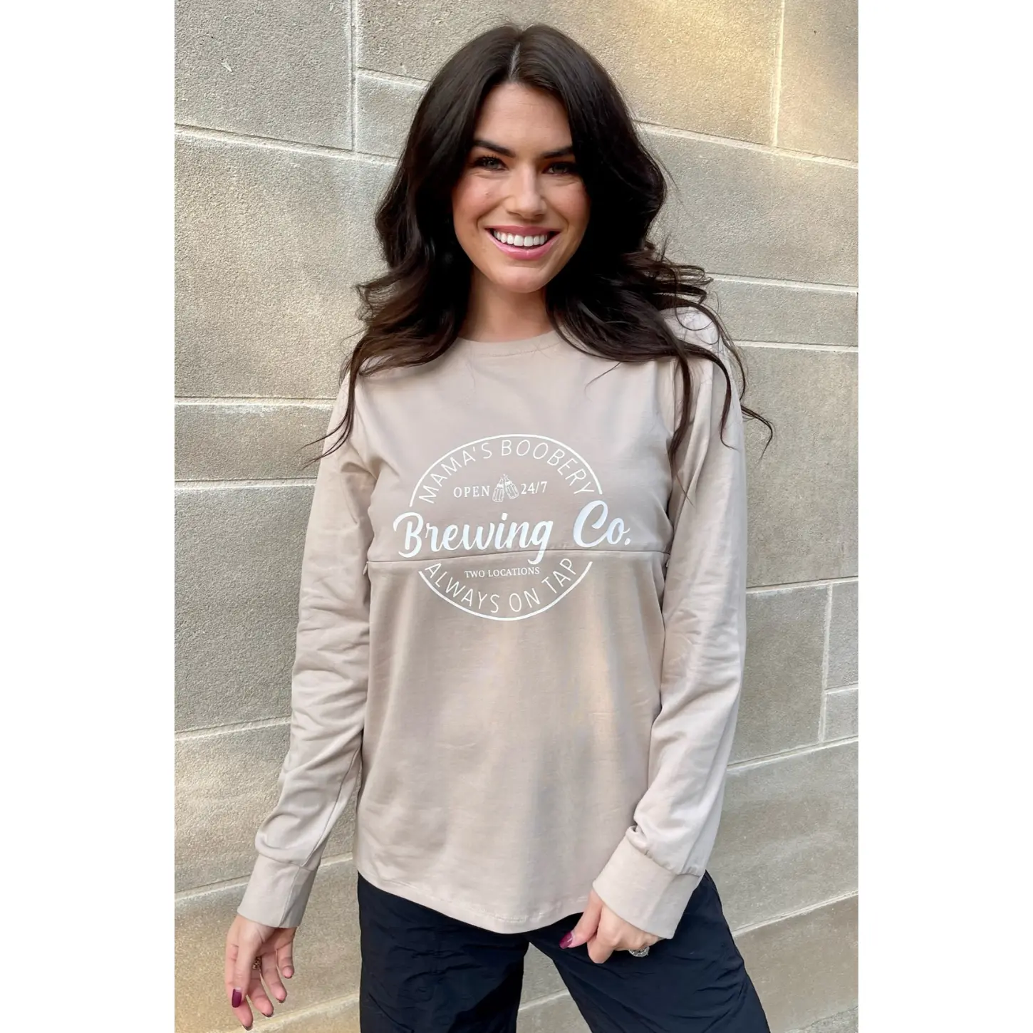 Mama's Boobery Long Sleeve Nursing Top - Tan