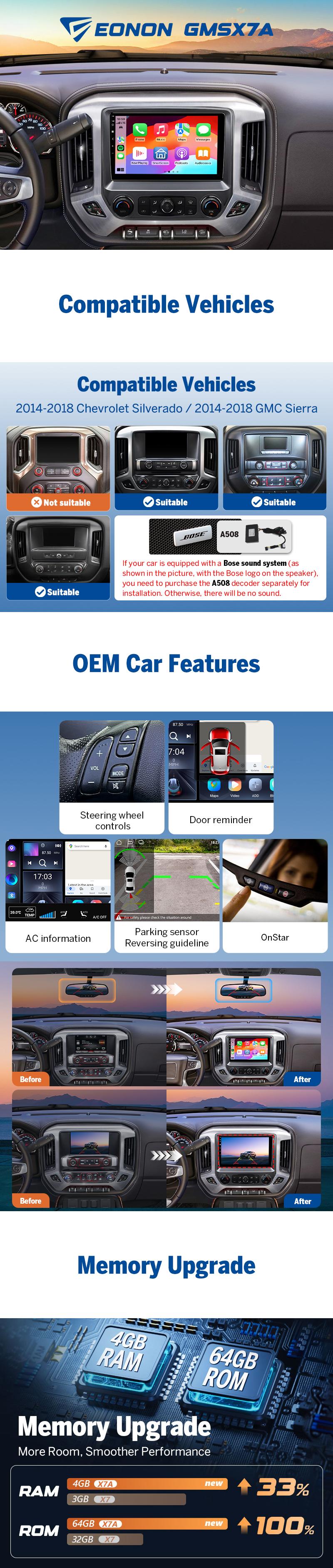 Eonon Car Stereo for Chevy Silverado GMC Sierra 2014-2018 with 10.1" IPS Touch Screen CarPlay Android Auto Android 13/14 Car Head Unit with Backup Camera & Dashcam OBDII SWC Sub BT Bluetooth 5.0 - GMSX7A, GMSX6S2