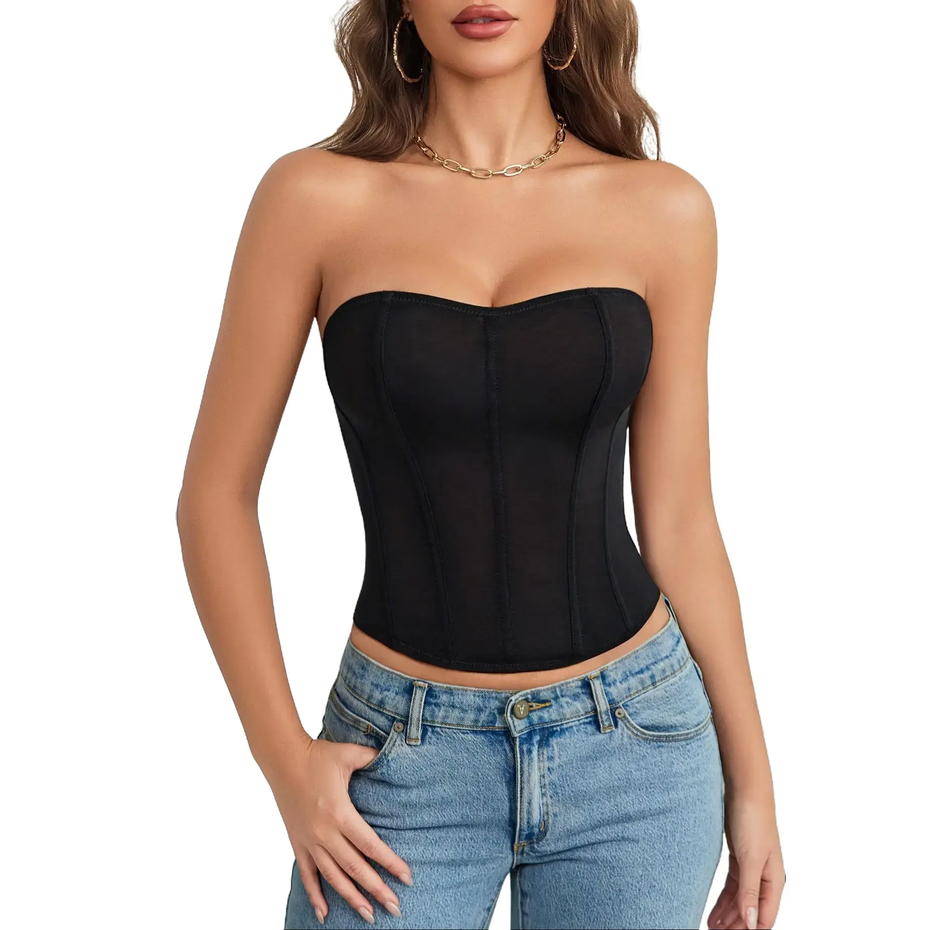 Avidlove Corset Tops for Women Mesh Strapless Bustier Boned Tie Back Top Going Out Party Tops Lingerie