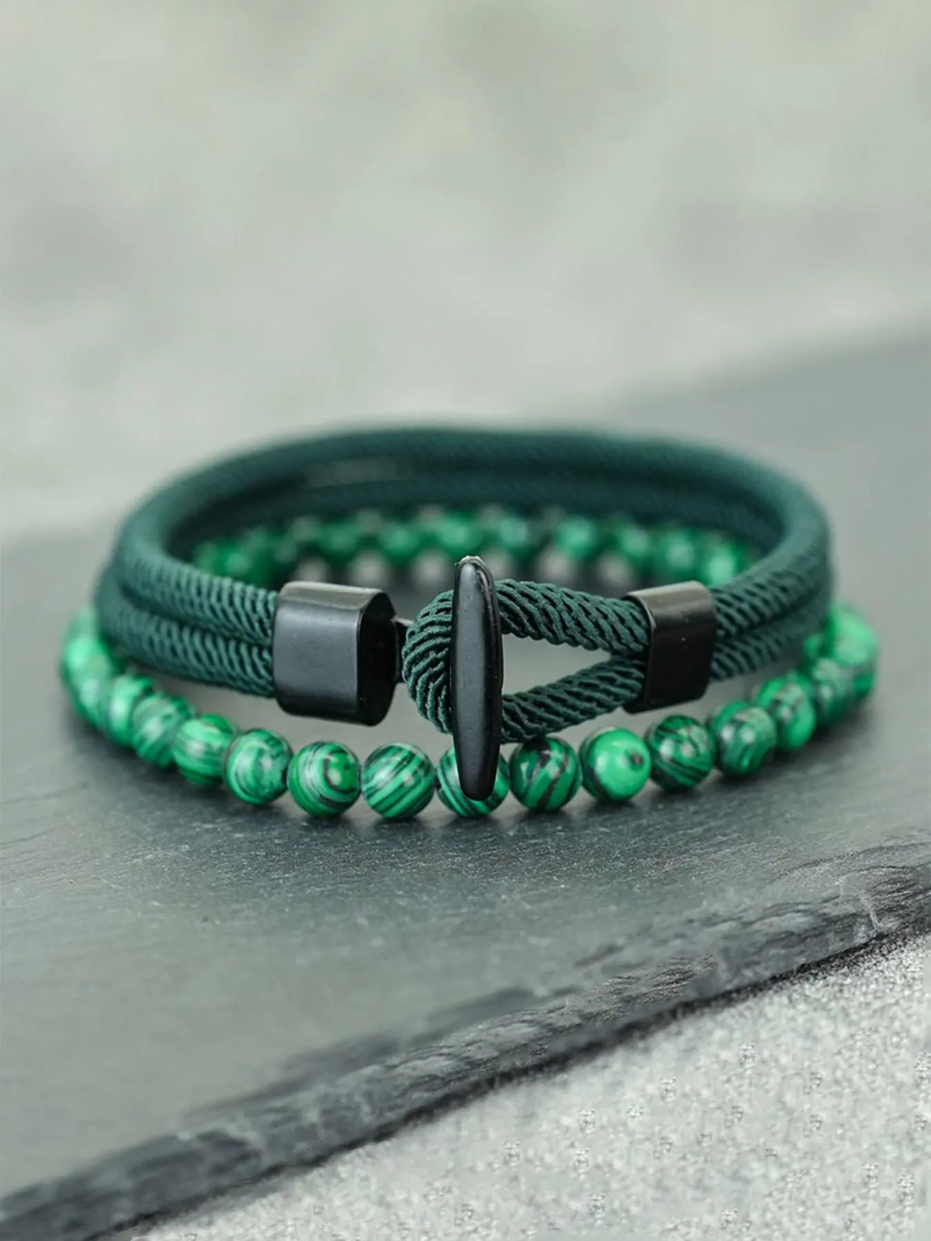 2-Piece Classic Men's Beaded High Quality Bracelet Set, Handcrafted Natural Malachite Jewelry, Easy Rope Stylish Accessories