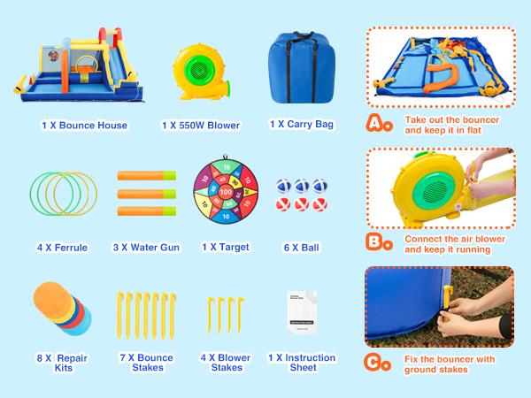 Inflatable Water Slide & Water Park Bounce House with Slide Bouncer Castle Playhouse Splash Pool Climbing Wall Trampoline Felt Ball Target Ring Toss Game for Kids Outdoor Fun 550W Air Blower