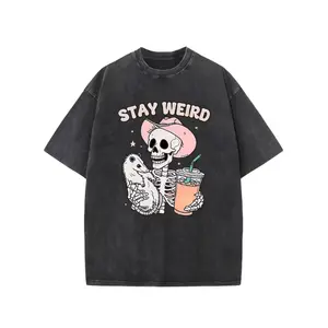 Stay Weird Printing Vintage Washed High Quality Cotton Patterned T-Shirt Men's T-Shirt Old Summer Clothing Drop Shoulder Sleeve Round Neck Tops Short Sleeve