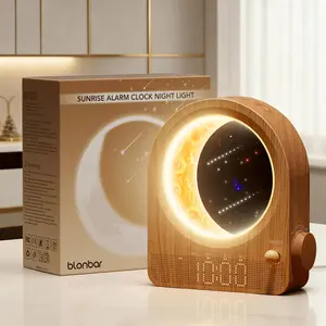Blonbar Sunrise Alarm Clocks with Dimmable Moon Lamp, 2 Alarm Clocks with 12Levels Volume for Heavy Sleepers, 10 Natural Sounds with 30/60/90mins Timer for Bedrooms, Gifts for Women (Brown Woodgrain)