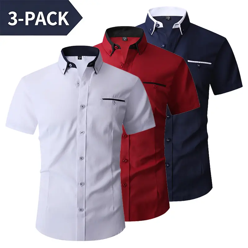 Men’s 3-Pack Short-Sleeve Dress Shirts with Contrast Collar, Wrinkle-Free Slim Fit, Business Casual Style, Contrast Pockets