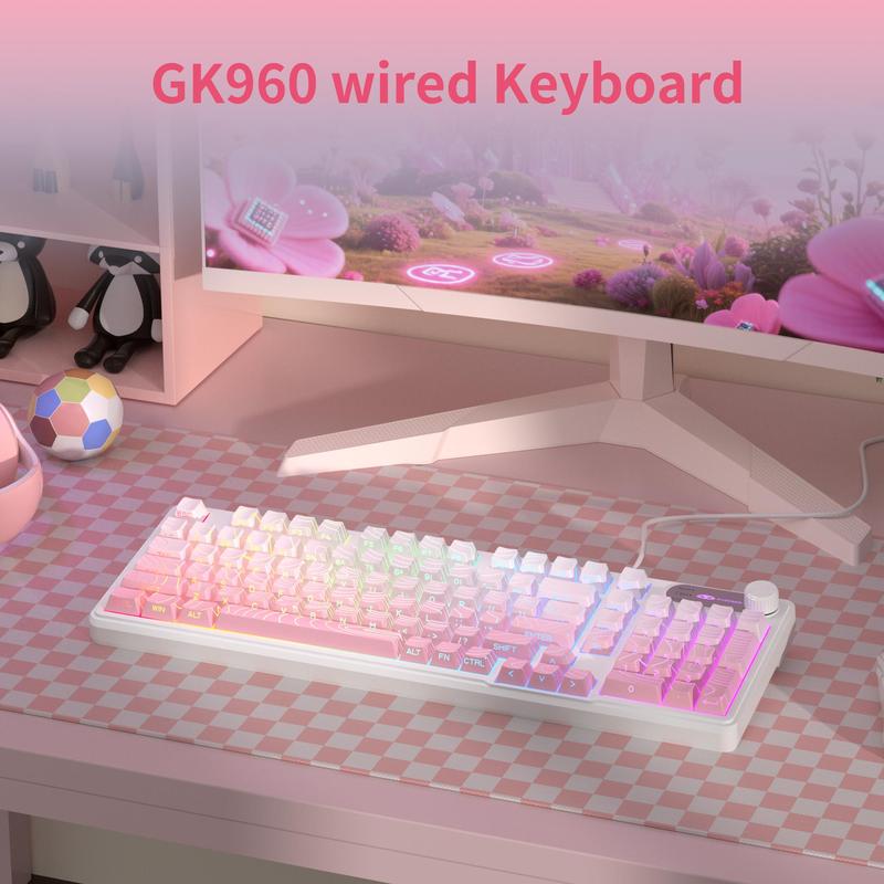 MageGee GK960 Wireless Gaming Keyboard RGB Tri-Mode Wired BT 2.4G Creamy with Number Pad 4000mAh Battery Knob Control Side Printed Keycaps 19-Key Anti-Ghosting for Win Mac White Pink White