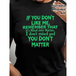 Women's Plus Size Mind Over Matter T-Shirt - Bold Statement Casual Round Neck Top with Bold Text Print, Short Sleeve Casual Attire, Spring Summer Outfits
