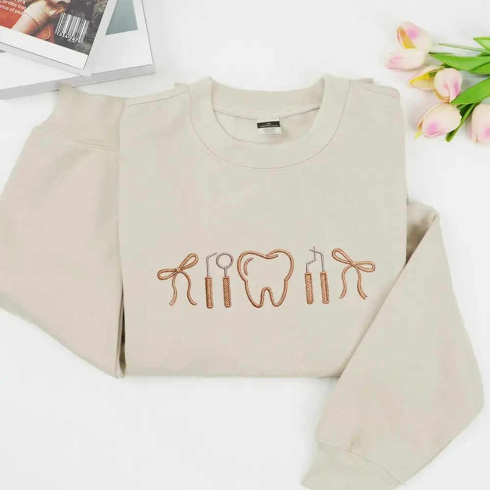Dental Hygienist Icons Embroidered Sweatshirt, Hygienist & Dentist Crewneck, Coquette Bow, Medical Career Crewneck, Dental Student Graduation Gift