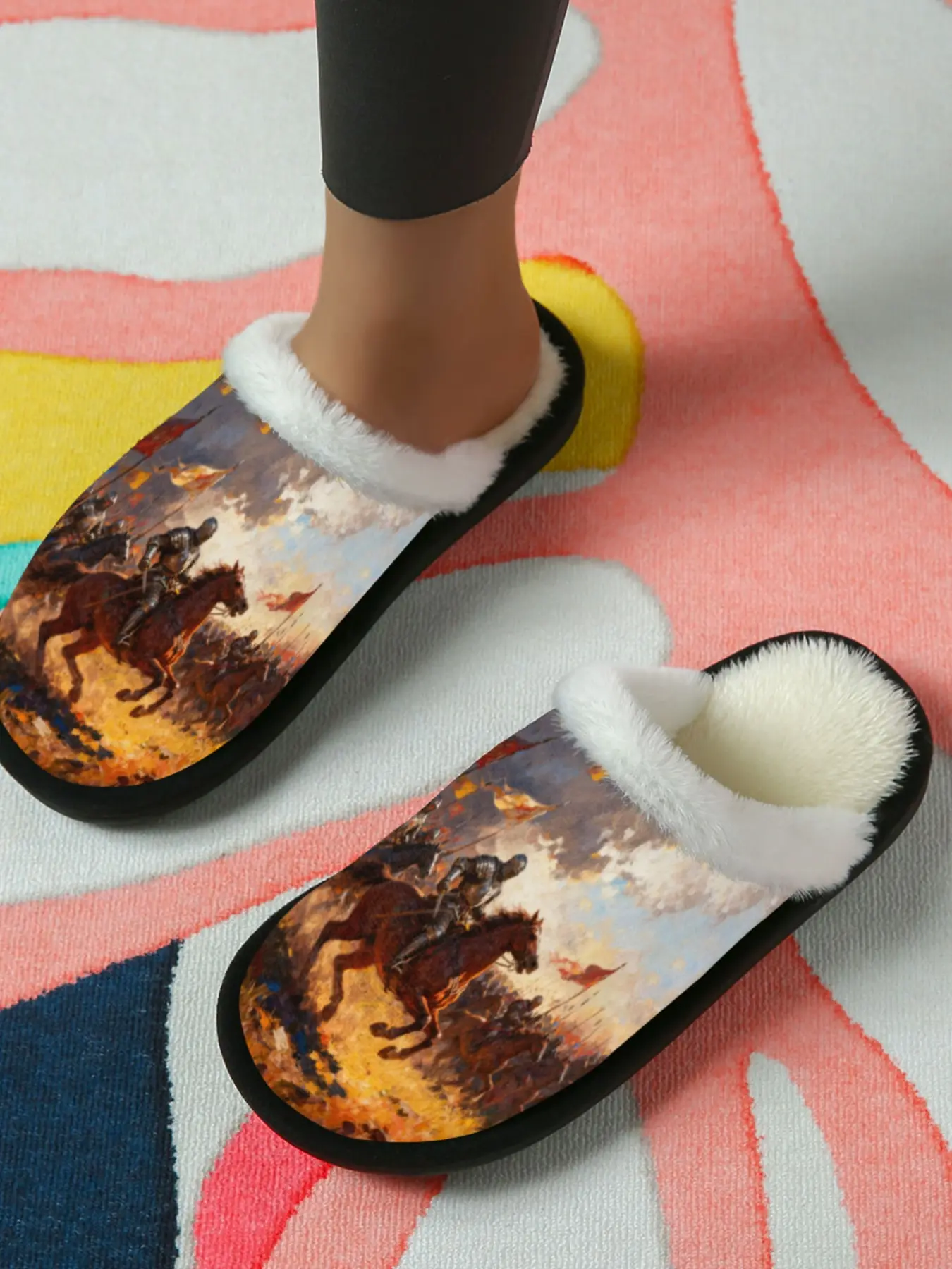 Vintage Cavalry Oil Painting Cotton Slippers, Classic Epic Style, Plush Lined Anti-Slip Thick Sole, Home Use Men Women Fall Winter Warm Shoes