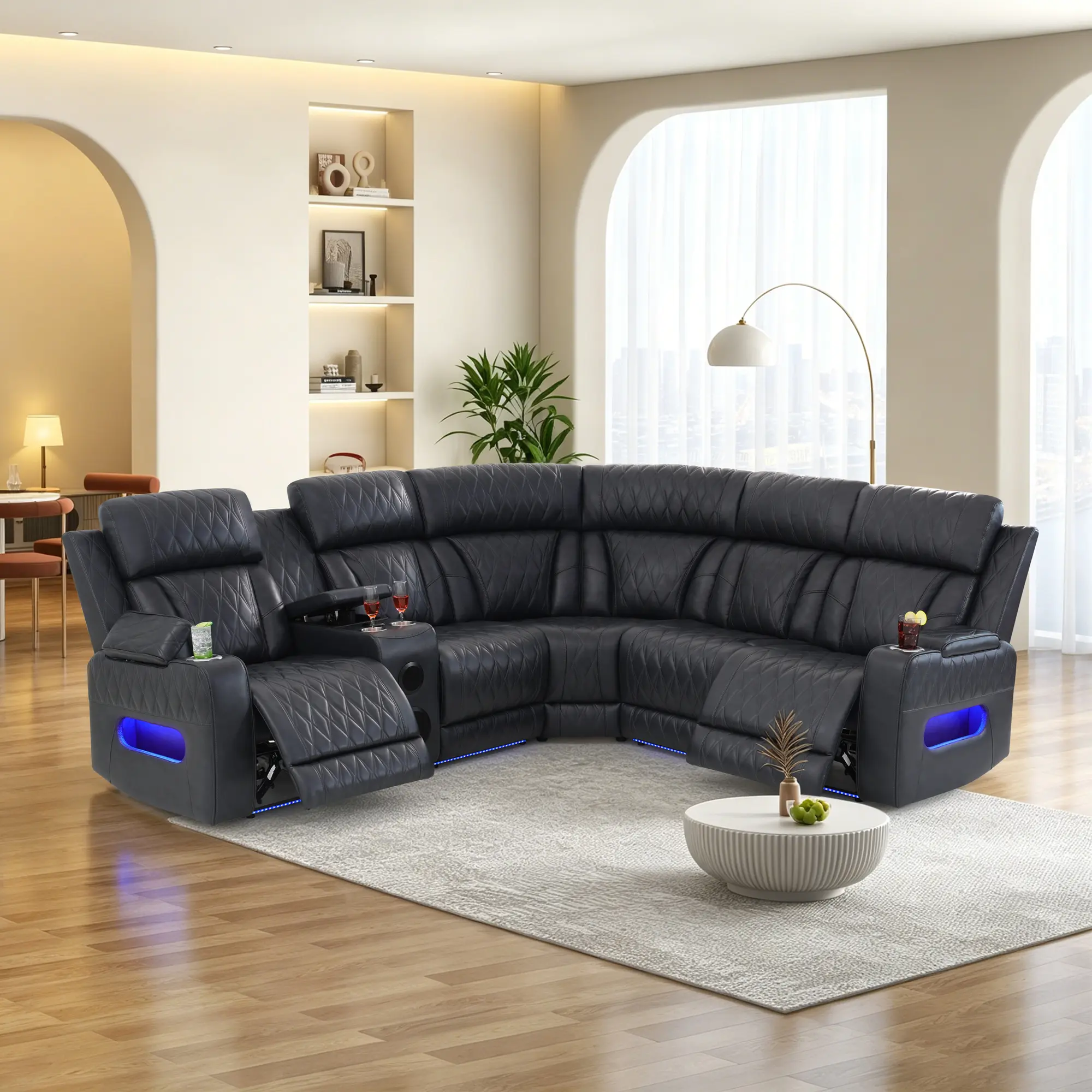 Luxury Black Leather Sectional Sofa-Couch with Fixed Arms, Multiple Seats, LED Lighting, and USB Ports for Modern Living Room Use