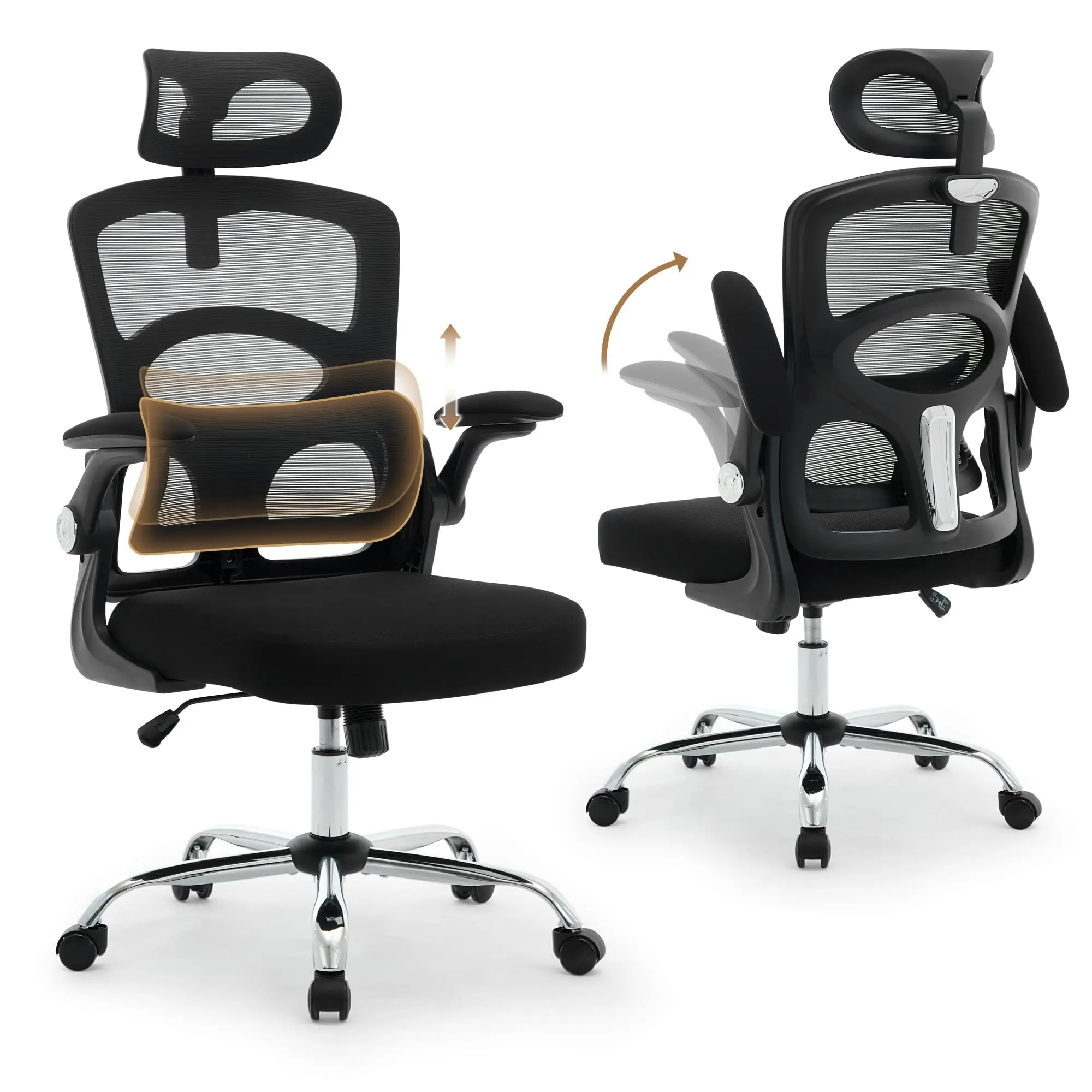 YJ-Garvee Ergonomic High-Back Mesh Office Chair 1 pcs– Adjustable Headrest & Lumbar Support – Swivel Computer Desk Chair with Electroplated Foot & Rolling Wheels – Ideal for Home Office or Gaming Room – Black