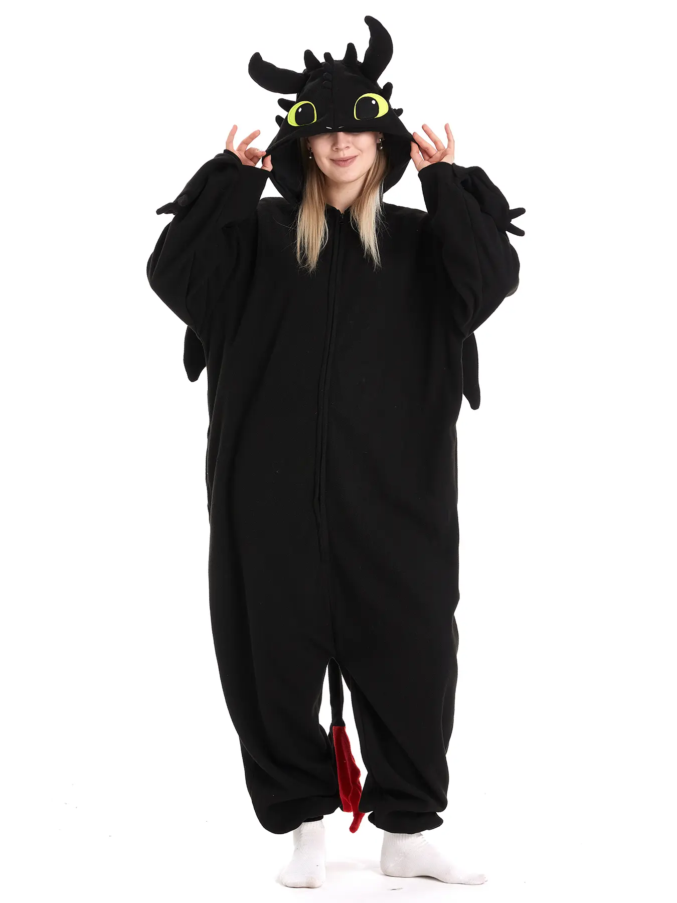 Women's Cute Fleece Dragon Onesie - Zip-Up Long Sleeve Fit Loungewear Nightwear with Pockets, Halloween Costume (Available in XXL), Knitted Graphic Holiday Apparel (Dry Clean Only)