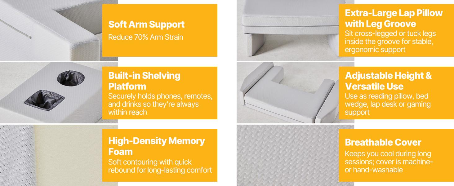 Shape Reading Pillow for reading, Armrest Gaming Pillow for Working, Lap Desk Pillow for Adult Sitting in Bed Sofa Floor