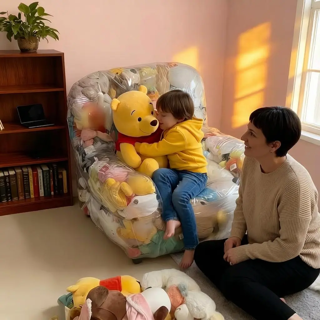 Transform Your Plushies Into A Real Sofa!  DIY Transparent PVC Doll Storage Cover Turns Into A Cute Filled Sofa Seat. Perfect Display & Storage for Squishmallows & Cartoon Dolls. Kids Room Decor + Smart Gift Idea