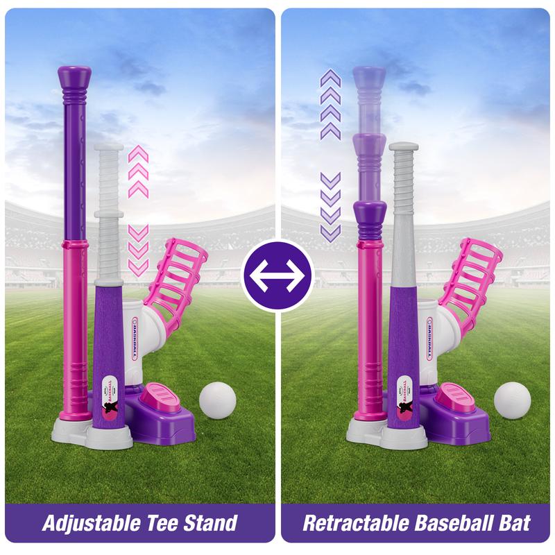 T-ball Set for Toddlers 3-5 Tee Ball Set with Step on Pitching Machine Adjustable Batting Tee Retractable Baseball Bat 8 Pop Up Balls Outdoor Sport Toy Games for Kids Girls