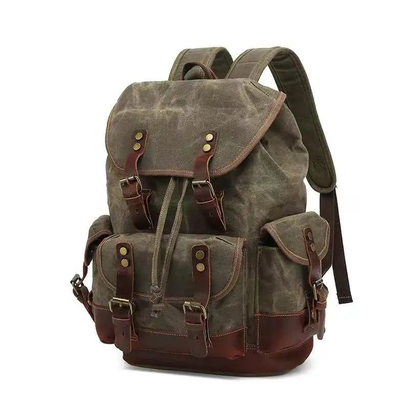 Vintage Hiking Trekking Rucksack, Durable Waxed Canvas & Leather Backpack, 22L Large Capacity Travel Bags with Magnetic Closure for Work & Commuting, Durable Backpack, 15.6-Inch Laptop, Casual Travel Bags, Carry-On, Vintagelook, Adults, Adventure Travel B