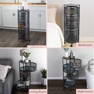 3/5-Tier Rotatable Round Metal Storage Organizer - No Assembly Required, Smooth Surface, Mesh Design, Kitchen Supplies Holder, House Organizers for Fruit & Vegetable Basket