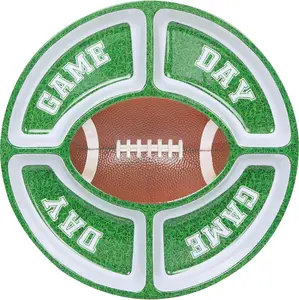 Football-Themed Melamine 5-Section Snack Platter, Round Divided Game Day Serving Tray with Green Field Design, for Chips and Dip, Sweets, and Appetizers, 15 Inch