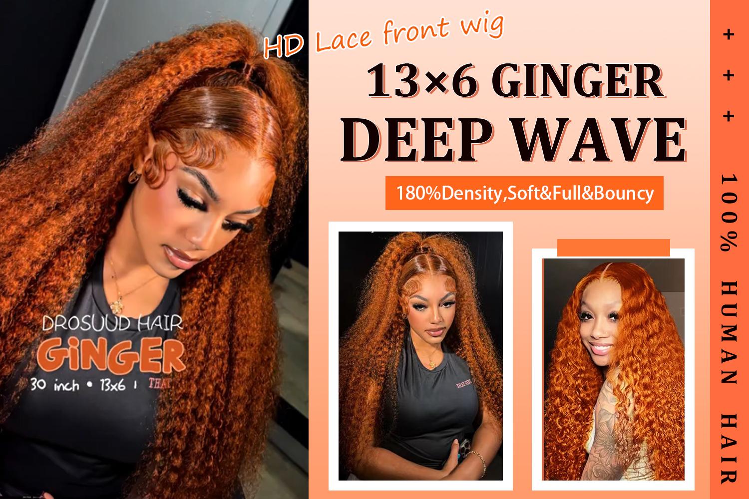 [30 inch only $129]DROSUUD Orange Ginger 13x6 Lace Frontal Wig #350 Color 180 Density Deep Wave Transparent Lace Human Hair Pre Plucked Natural Hairline with Baby Hair#Summervibes