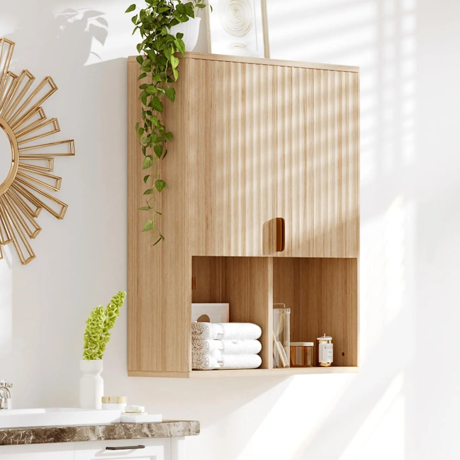 GARVEE Fluted Bathroom Wall Cabinet, 23"x29" Over Toilet Storage Cabinet with Adjustable Shelf, Modern Wooden Medicine Cabinet, Soft-Close Hinges, Natural Finish