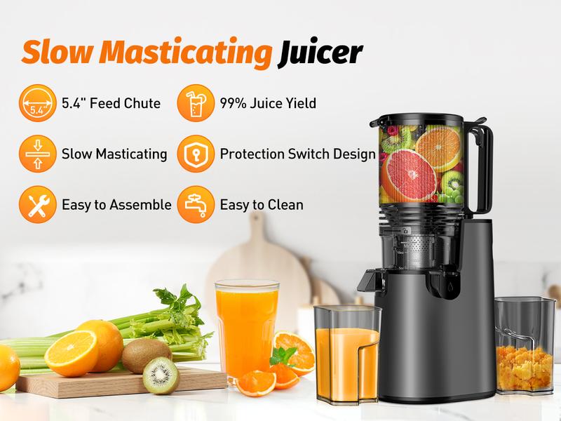 LQZ 350W Cold Press Juicer - Slow Masticating, 4.3&5.4 Inch Feed Chute, High Juice Yield, Easy Clean, 55rpm Technology for Whole Fruits & Veggies