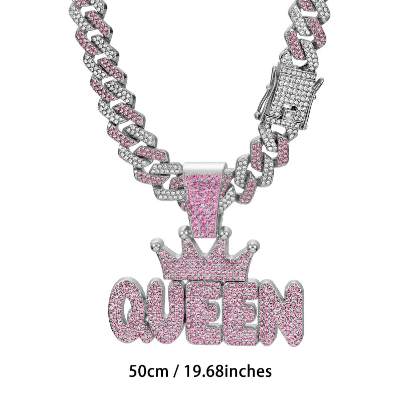 Women's Pink Rhinestone-Embellished Letter Pendant Long Miami Cuban Link Necklace Gold-Plated Stainless Steel Elegant Rhinestone Trendy Charm Beach Jewelry Hip-Hop Punk Costume Accessories for Women summervibes