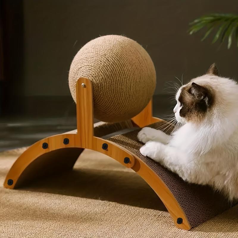 Cat scratching board with hanging ball toy and extra-tall scratching post. Stylish arch design, sturdy and durable. Wall-mounted to save space, a must-have essential for every cat owner.
