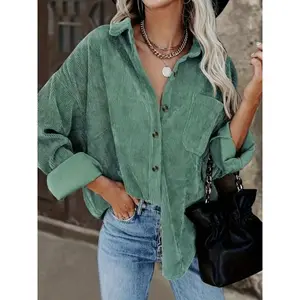 Women's Corduroy Shirt With Pocket, Drop Shoulder Style For Spring & Fall