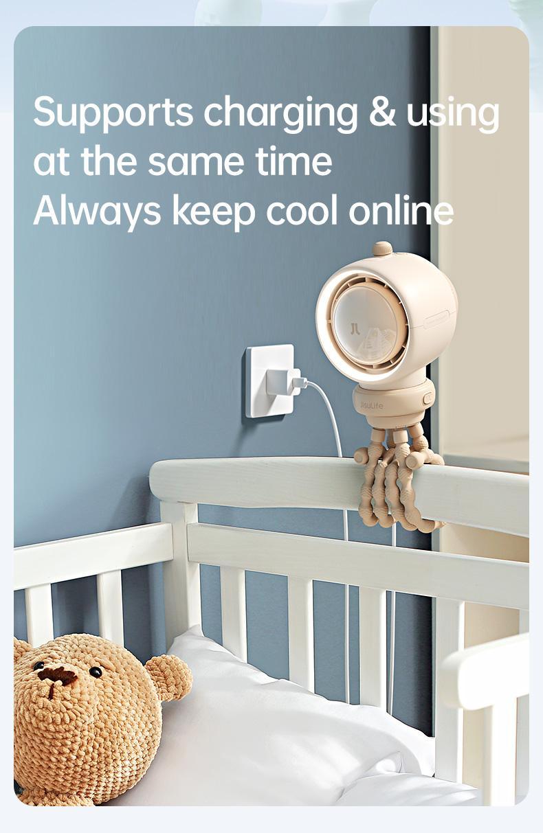 JISULIFE Stroller Fan Life2 Portable Baby Crib Fan with 100 Speeds Air Purify & Air Turbo Tech Bladeless Battery Powered for Home Office & Camping - Rubber