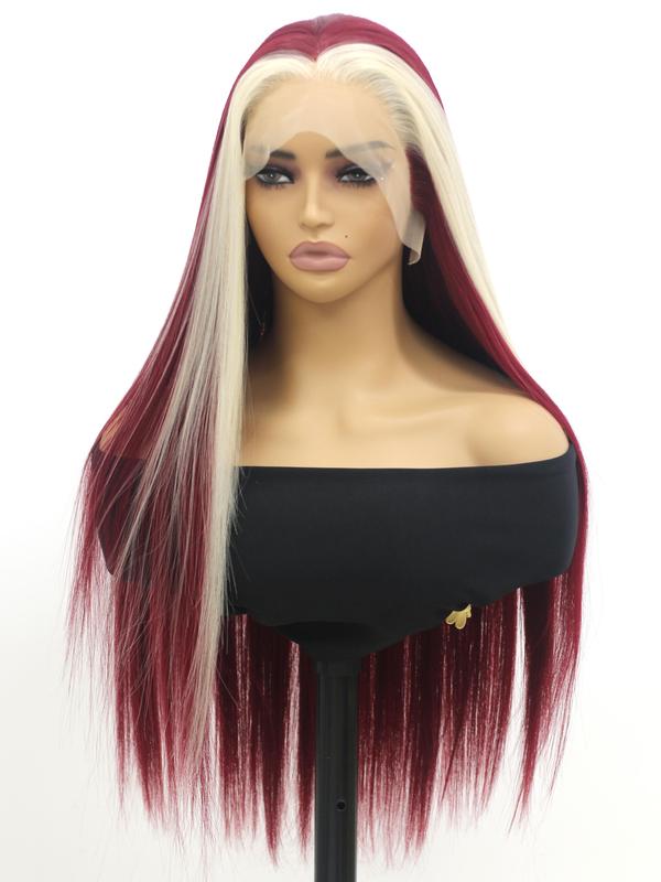 13x4 Long Red And Blonde Straight Lace Front Wigs Wine Red And Honey Blonde Skunk Stripe Wigs Middle Parting Heat Resistant Fiber Hair For Women 26 Inch, Lace Glueless Wig