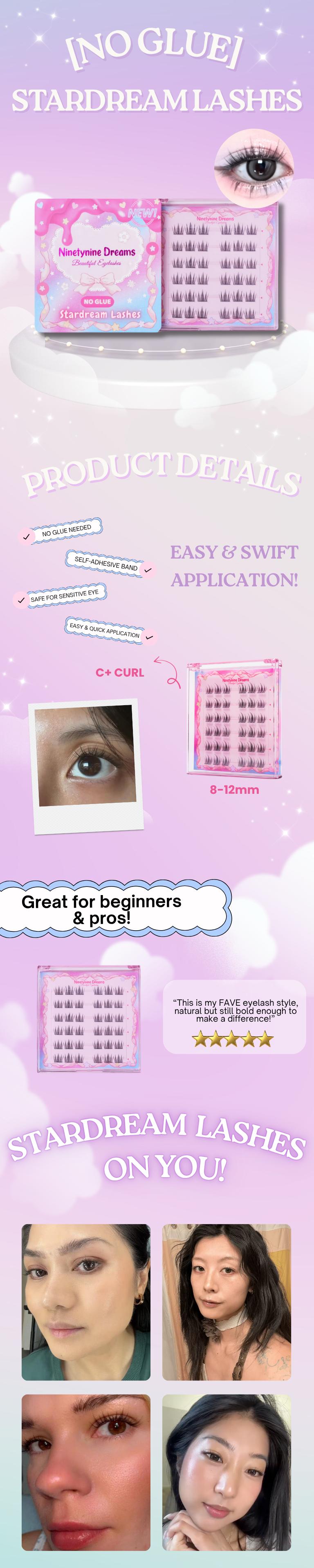 Ninetynine Dreams [NO GLUE] Stardream Self-Adhesive Lashes | Press-On No Glue Required Lash Clusters 8-12mm C+ Curl — Fluffy Spiky Anime Manhua Style Beginner-Friendly Reusable Lashes with Ultra-Thin Self-Stick Band Synthetic Makeup Daily Cosmetic