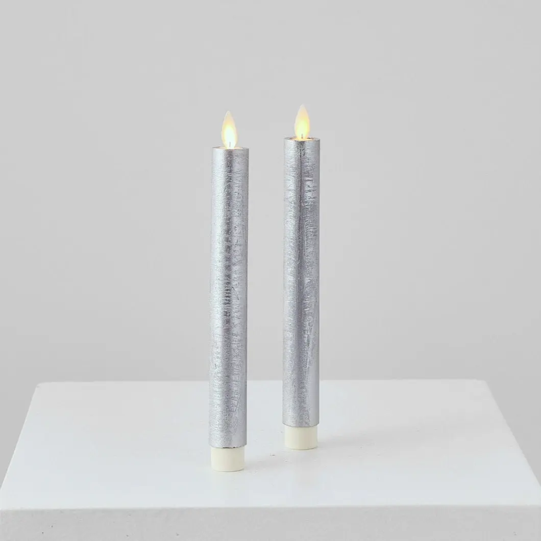 Flameless LED Candles, 9-in Silver Taper Cylinder Set of 2 with Remote, Flickering Decorative Candles with 6 Hours Functionality, Flameless Candles, Taper Candles