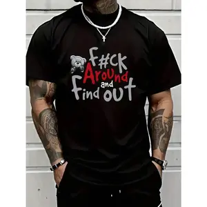 100% Cotton Men'S Casual 100% Cotton T-Shirt With Boxer Bear Graphic - "FK AROUND AND FIND OUT" Print, Black, Short Sleeve, Round Neck, Machine Washable, All-Season Comfort Golf Gift T-Shirt For Men And Women