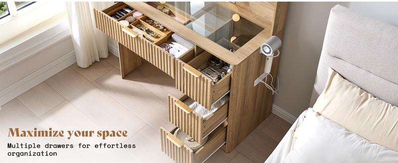 AMERLIFE 36.2/47.2" Fluted Vanity Desk with Mirror and Adjustable LED Lights, Large 4/7 Drawers Makeup Table with Glass Top and Charging Station for Women and Girls, Bedroom or Dorm/Best Gift Ideas/Christmas Gifts