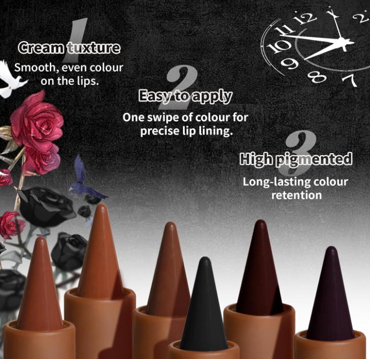 2 in 1 Gothic Lip Liner Set, Matte Dark Brown Red Black Lip Liner Plumping Smooth Creamy Lip Pencil, High Pigmented Long lasting Lip Stain Lipstick Goth Halloween Makeup, 06+07+08