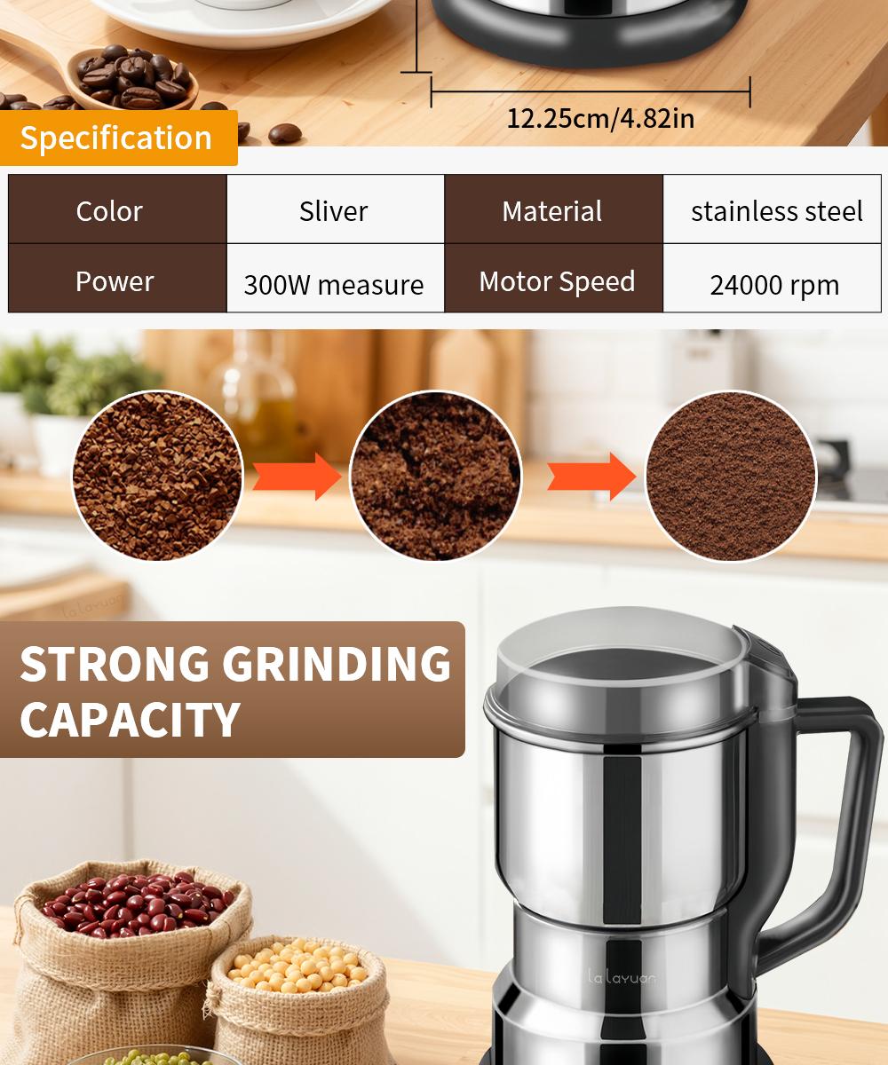 Electric Coffee Grinder Multifunctional Coffee Bean SpiceBeans Vanilla Stainless Steel Mixer 300W High PowerCrusher coffee grinder Electric Coffee Stainless SteelMeasuring Pitcher with Lid Espresso Distribution Tool withStand fast grind