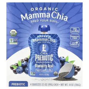 Mamma Chia Organic Chia Prebiotic Squeeze Snack, Blueberry Acai, 4 Squeezes, 3.5 oz (99 g) Each