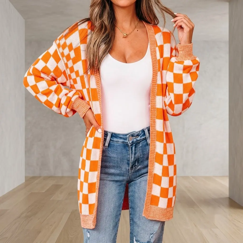 PHEFEE Women's Checkered Cardigan Sweaters Open Front Oversized Knit Sweater Plaid Color Block Slouchy Long Sleeve Outwear for Fall Winter