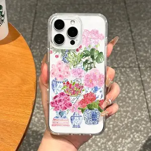 Grandmillennial Chinoiserie Floral AirClear TPU Case, Blue and White Ginger Jar iPhone Cover, Coastal Grandmother Aesthetic Shell, Pink Hydrangea Rose Watercolor Case, Trendy Magnetic Case for iPhone 11 / 12 / 13 / 14 / 15 / 16 / 17/promax