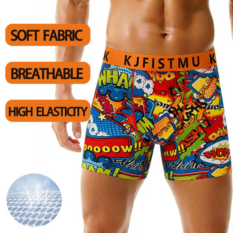 KJFISTMU12 Men's Boxer Briefs Set made of lightweight polyester fiber, featuring a solid color and simple design with fashionable prints, a distinctive colorful cartoon pattern waistband, elastic waistband, and vibrant pixel game design.