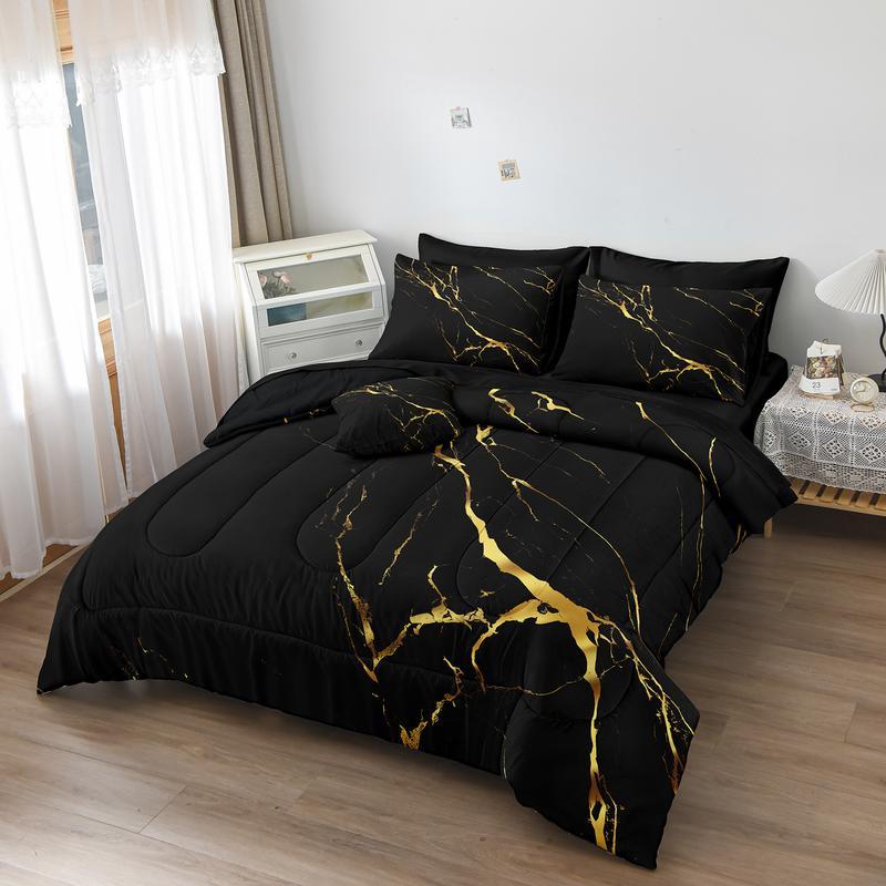 Black Marble Comforter Set Queen Size 8 Pieces Bed in a Bag Gold Metallic Marble Design Bedding with 1 Comforter, 4 Pillowcase, 1 Flat Sheet, 1 Fitted Sheet, 1 Cushion Cover