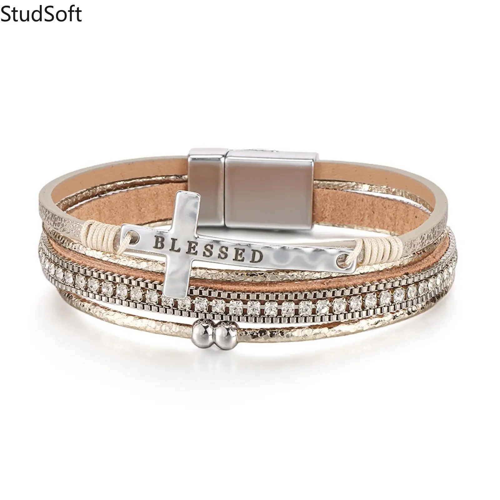 Women's 2026 New Blessed Cross Leather Wrap Bracelet, Rhinestone Pave Multi-Layer Wristband with Magnetic Clasp, Religious Faith Jewelry Gift, Bangle, Female, Rhinestones, Bracelets, Multi-Layered, Cross Motif,back to school,back to school haul
