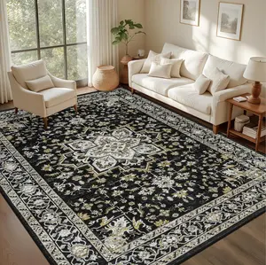 Timeless Classic Design Rug Ultra Soft Velvet Washable Stain Resistant Non Slip Backing Boho Medallion Carpet for Living Room Bedroom Dining Room