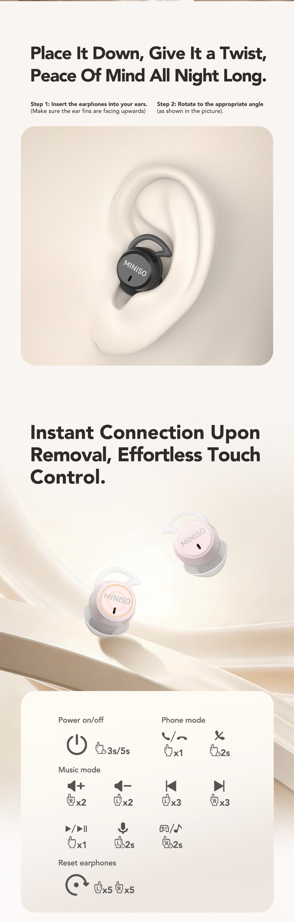 MINISO MS217 Wireless Earbuds Bluetooth 6.0 Headphones, Sleep Earbuds, Waterproof Wireless Earphones, Mini Invisible In Ear Earbuds, Suitable for Office, Sports, Sleeping, Study and Audio Calls, Built in Microphone, Gaming Bluetooth Headphones