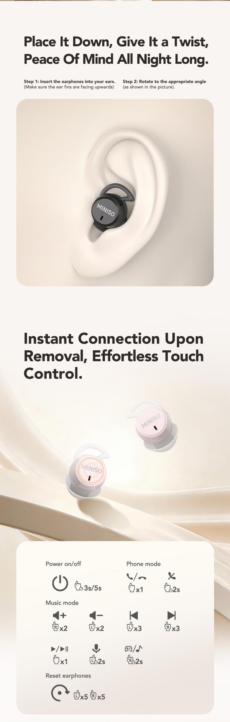 MINISO MS217 Wireless Earbuds Bluetooth 6.0 Headphones, Sleep Earbuds, Waterproof Wireless Earphones, Mini Invisible In Ear Earbuds, Suitable for Office, Sports, Sleeping, Study and Audio Calls, Built in Microphone, Gaming Bluetooth Headphones